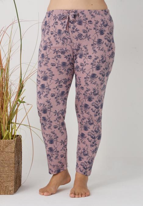 Pantaloni de Pijama Dama Lungi,Big Size,Culoare Roz Pudrat cu Flori Albastre ,Engros